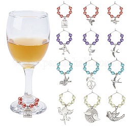 Nbeads 24 breloques pour verre à vin de style tibétain, Breloques de vin en alliage d'oiseau, marqueurs de verre de vin en perles pour cocktail de vin, dégustation de champagne, fournitures de décoration pour cadeaux de fête