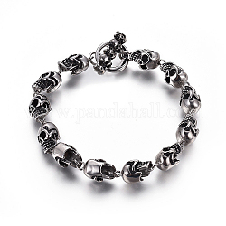 304 Stainless Steel Link Chain Bracelets, with Toggle Clasps, Skull, Antique Silver, 8-7/8 inch(22.5cm), 9.5mm