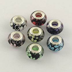 Perles européennes en résine à motif de fleurs à grand trou, avec couleur argent plaqué doubles noyaux de cuivre, rondelle, couleur mixte, 14x9mm, Trou: 5mm