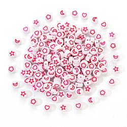 White Opaque Acrylic Beads, Flat Round with Heart & Flower & Moon & Star, Hot Pink, 7x4mm, Hole: 1.6mm, 200pcs/set