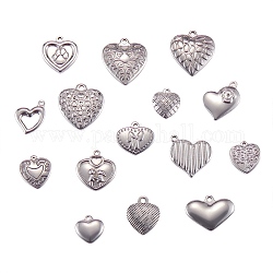 Ciondoli in acciaio inossidabile 15pz stile 15, cuore, argento antico e colore acciaio inox, 19x18x3mm, Foro: 1.5 mm