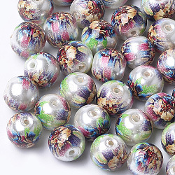 Perlas de vidrio de imitación perlas impresas y pintadas con spray, redondo con estampado de flores, gainsboro, 10~10.5x9.5mm, agujero: 1.6 mm