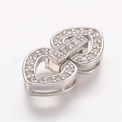 Brass Micro Pave Cubic Zirconia Fold Over Clasps, Heart, Platinum, 23x10x3.5mm, Hole: 1mm