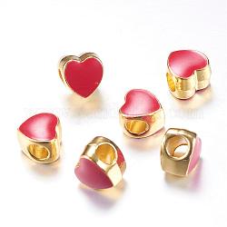 Smalto della lega di stile European Beads, perline con foro grande, cuore, oro, rosso, 11x10.5x8mm, Foro: 4.5 mm