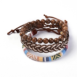 Ensemble de bracelets empilables, avec cordon de polyester ciré coréen, Cordes ethniques en tissu, cordon de coton ciré et perles de bois, 2-1/8 pouce ~ 2-1/4 pouces (5.4~5.8 cm), 3 pièces / kit