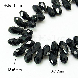 Crystal Glass Beads Strands, Top Drilled Beads, Faceted, Teardrop, Black, 13x6mm, Hole: 1mm, about 100pcs/strand, 16.5 inch