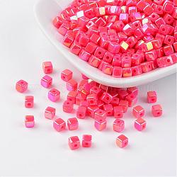 Perles acryliques de poly styrène écologiques, couleur ab , cube, rose foncé, 4x4mm, Trou: 1mm, environ 8000 pcs/500 g