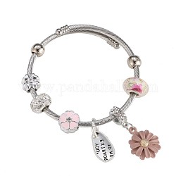 Bracelets européens, perles de verre, émail, strass, rose, couleur d'argent, diamètre intérieur: 2-1/8 pouce (5.35 cm)