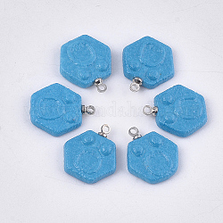 Handgemachte Porzellan-Anhänger, matt, mit Messing-Zubehör, Hexagon, Platin Farbe, Deep-Sky-blau, 17~17.5x15~15.5x4 mm, Bohrung: 1.5 mm