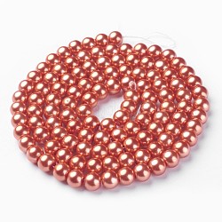 Glass Pearl Beads Strands, Pearlized, Round, Peach, Size: about 8mm in diameter, hole: 1mm, about 110pcs/strand, 32 inch