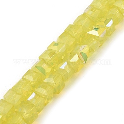 Chapelets de perles en verre peint, imitation opalite, facette, de couleur plaquée ab , cube, jaune, 6.5x6.5x6mm, Trou: 1.2mm, Environ 95 pcs/chapelet, 22.83~23.03'' (58~58.5 cm)