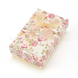 Caja de embalaje de joyería de cartón con patrón de flores, 2 ranura, para pendientes de anillo, con lazo de cinta y esponja negra, Rectángulo, vara de oro pálido, 8x5x2.6 cm