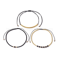 Set di braccialetti con perline intrecciate in pietra dorata blu e semi di stile 3 pezzi, braccialetti impilabili regolabili in cordino di nylon, colore misto, diametro interno: 3 pollice (2-1/8~3-7/8 cm), 5.4~9.7pc / style