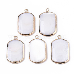 Natural Freshwater Shell Pendants, with Brass Loops, Edge Golden Plated, Rounded Rectangle, Seashell Color, 28~29x16~17x3~4mm, Hole: 1.8mm