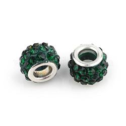 Perles européen avec strass en argile polymère, Perles avec un grand trou   , rondelle, avec noyaux en laiton plaqué couleur argent, émeraude, 10~12x7~8mm, Trou: 5mm