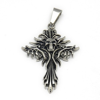 Gothic Retro Men's Halloween Jewelry 304 Stainless Steel Flame Cross Carved Skull Pendants, Antique Silver, 45x32x5mm, Hole: 4x9mm