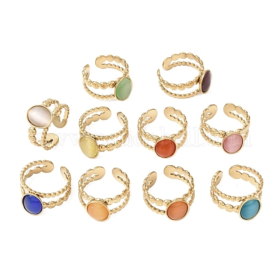 Кольца-манжеты «кошачий глаз» из нержавеющей стали 304 со стеклянными вставками для женщин&nbsp;RJEW-K309-40A-1