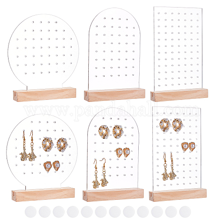 OLYCRAFT 6 Sets Acrylic Earring Stand Display Clear Earrings Display Pegboards Earring Holders with Wood Base & 12pcs Double-side Tape for Earring Display - Rectangle & Arch & Round ODIS-OC0001-49-1
