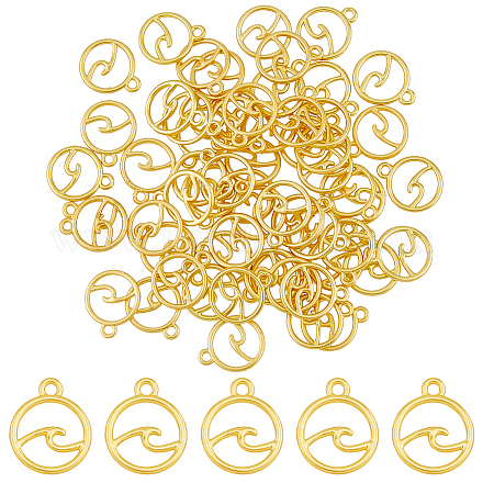 二化粧合金ペンダント  波と丸いリング  ゴールドカラー  14.5x12x1.5mm  穴：1.6mm  60個/箱 FIND-DC0003-39-1