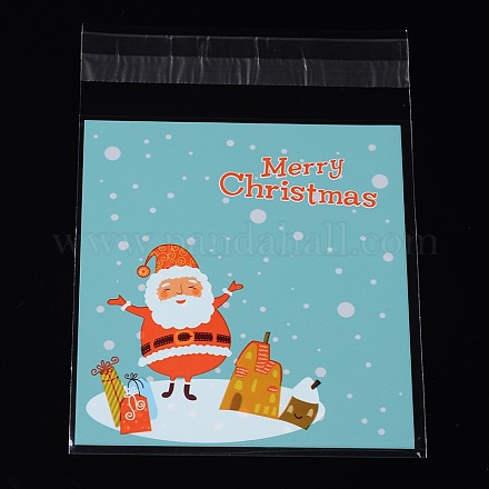レクタングルクリスマスモチーフセロハンのOPP袋  サンタクロースの模様で  ターコイズ  14x9.9cm  一方的な厚さ：0.035mm  インナー対策：11x9.9のCM  約95~100個/袋 OPC-L001-31-1