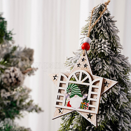 木製ノーム人形ペンダント装飾  クリスマスツリーの吊り下げ飾り  パーティーギフトの家の装飾  スター  110x104x7mm XMAS-PW0001-069C-1