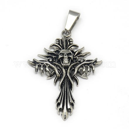 Gothic Retro Men's Halloween Jewelry 304 Stainless Steel Flame Cross Carved Skull Pendants STAS-L017-22-1