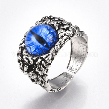 合金ガラスカフ指輪  ワイドバンドリング  ドラゴンアイ  アンティークシルバー  ブルー  サイズ10  20mm RJEW-T006-01A-1