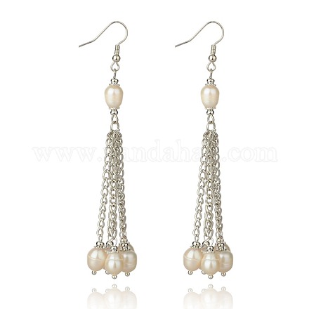 Dangling Freshwater Pearl Long Tassels Earrings for Women EJEW-PJE688-1