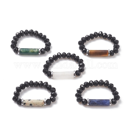Natural & Synthetic Mixed Gemstone & Glass Column Beaded Stretch Ring for Women RJEW-JR00563-1