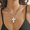 Alloy Ring Link Textured Cross Pendant Necklaces for Women, Platinum, 17.72 inch(45cm), Pendant: 40mm long