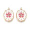 Ion Plating(IP) 304 Stainless Steel Rhinestone Pendants, with Enamel, Oval & Flower, Real 18K Gold Plated, White, 21x14.5x2.5mm, Hole: 1.6mm