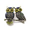 Alloy Enamel Brooch, with Rhinestone, Owl, Antique Golden, 38x43mm