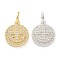 Brass Micro Pave Clear Cubic Zirconia Pendants, Long-Lasting Plated, Flat Round with Cross, Mixed Color, 16x13x3mm, Hole: 5mm