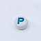 Opaque Acrylic Beads, Flat Round, White, Letter P, 7x4mm