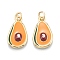 Brass Enamel Charms, with Jump Rings, Long-Lasting Plated, Avocado, Dark Orange, Real 18K Gold Plated, 14.5x9x3.5mm, Hole: 3.5mm