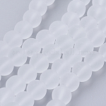 Transparent Glass Bead Strands, Frosted, Round, White, 8mm, Hole: 1~1.6mm, about 99pcs/strand, 31.4 inch