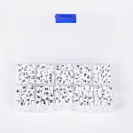 1 Box Brief Acryl Perlen, horizontales Loch, Flachrund, Buchstaben l / g / h / s / c / d / e / n / p / u, weiß, 7x4 mm, Bohrung: 1 mm, über 62pcs / Fach, 620 Stück / Karton
