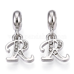 Charms pendenti europei con strass in lega di placcatura a cremagliera in platino, Ciondoli di grandi dimensioni, lettera,  cadmio& piombo libero, letter.r, 23~27mm, Foro: 4.5 mm, pendenti: 13~16.5x6~14x2 mm, Foro: 2 mm