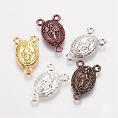 Stile tibetano componente link lampadario in lega, 3 connettori ad anello, pezzi del rosario, ovale con virgin mary, colore misto, 16.5x10x1mm, Foro: 1.5 mm