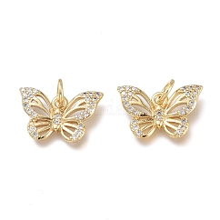 Latón micro pavimenta claro cubic zirconia encantos, con anillos de salto, sin plomo y cadmio, Plateado de larga duración, mariposa, real 18k chapado en oro, 14~15x9.5x2mm, anillo de salto: 5x1 mm, agujero: 3.5 mm
