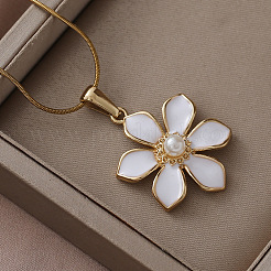 Женские ожерелья с подвеской в виде цветка вишни из нержавеющей стали 304 с эмалью и имитацией жемчуга&nbsp;RN9489