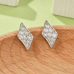 Серьги-гвоздики из латуни с микропаве из прозрачного кубического циркония в форме ромба для женщин&nbsp;EJEW-G428-16P