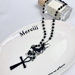 Сплав и железо анк крест сердце с крыльями летучей мыши подвеска черные круглые акриловые четки ожерелья&nbsp;LS-NJEW-D335-01BP