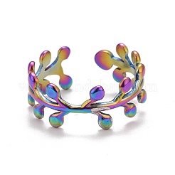 Anillo abierto con diseño de hoja de acero inoxidable 304 con baño de iones de color arcoíris (IP) para mujer&nbsp;RJEW-A005-02