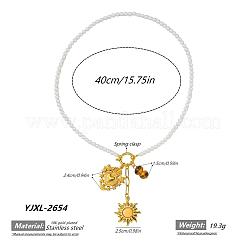 Colliers pour femmes avec pendentif cœur sacré et soleil en acier inoxydable 304 et perles de verre blanc&nbsp;WG88FB4-01