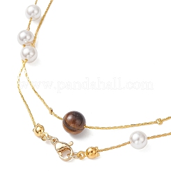 Длинные ожерелья из латунной цепочки «Бостон» с круглым натуральным тигровым глазом и ракушечным жемчугом&nbsp;NJEW-JN05722-02