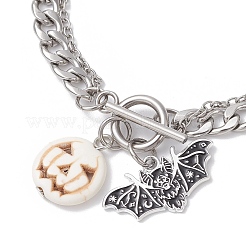 Комплект браслетов из нержавеющей стали 304 с подвесками в виде летучей мыши из сплава эмали и тыквы из окрашенной синтетической бирюзы на Хэллоуин&nbsp;BJEW-JB12446-02