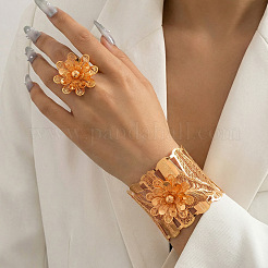 Ensembles de bracelets et bagues manchettes en alliage de zinc à motif floral pour femmes&nbsp;WG9AF22-02