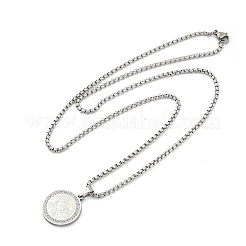 Collane con catena a maglie piatte e pendenti tonde in acciaio inossidabile 201 micro pavé di zirconi cubici trasparenti per uomo&nbsp;NJEW-S387-03P