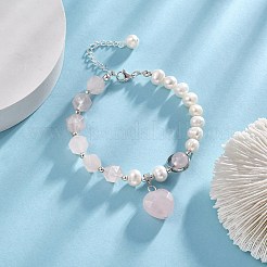 Braccialetto di fascino del cuore di quarzo rosa naturale con catene di perline di perle naturali per le donne&nbsp;BJEW-TA00255-02